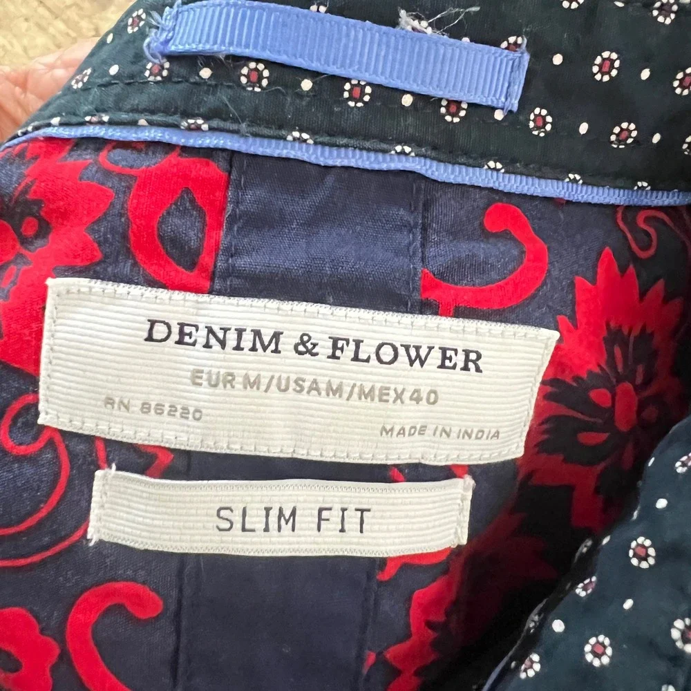 Denim & Flower Button Down Medium Mens Slim Fit Dotted Navy Blue Smart Casual - Picture 3 of 6